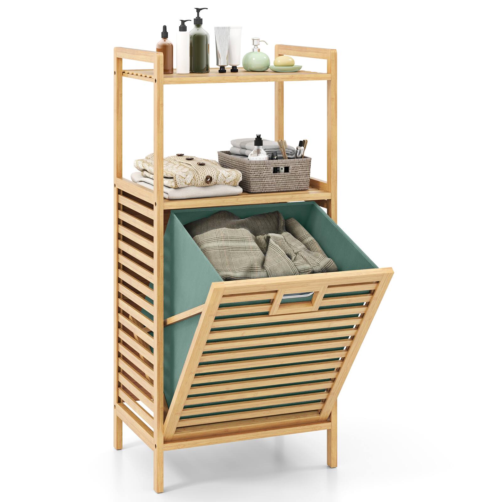 Front. Costway - Costway Tilt out Laundry Hamper with 2-Tier Storage Shelves, Foldable & Removable Basket - Natural + Green.