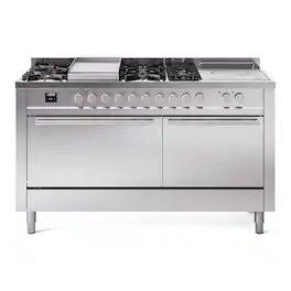 ILVE - Professional Plus II Series 60 in. Dual Fuel Range with 7 Sealed Burners + Griddle (Liquid Propane, Satin Trim) - Stainless Steel