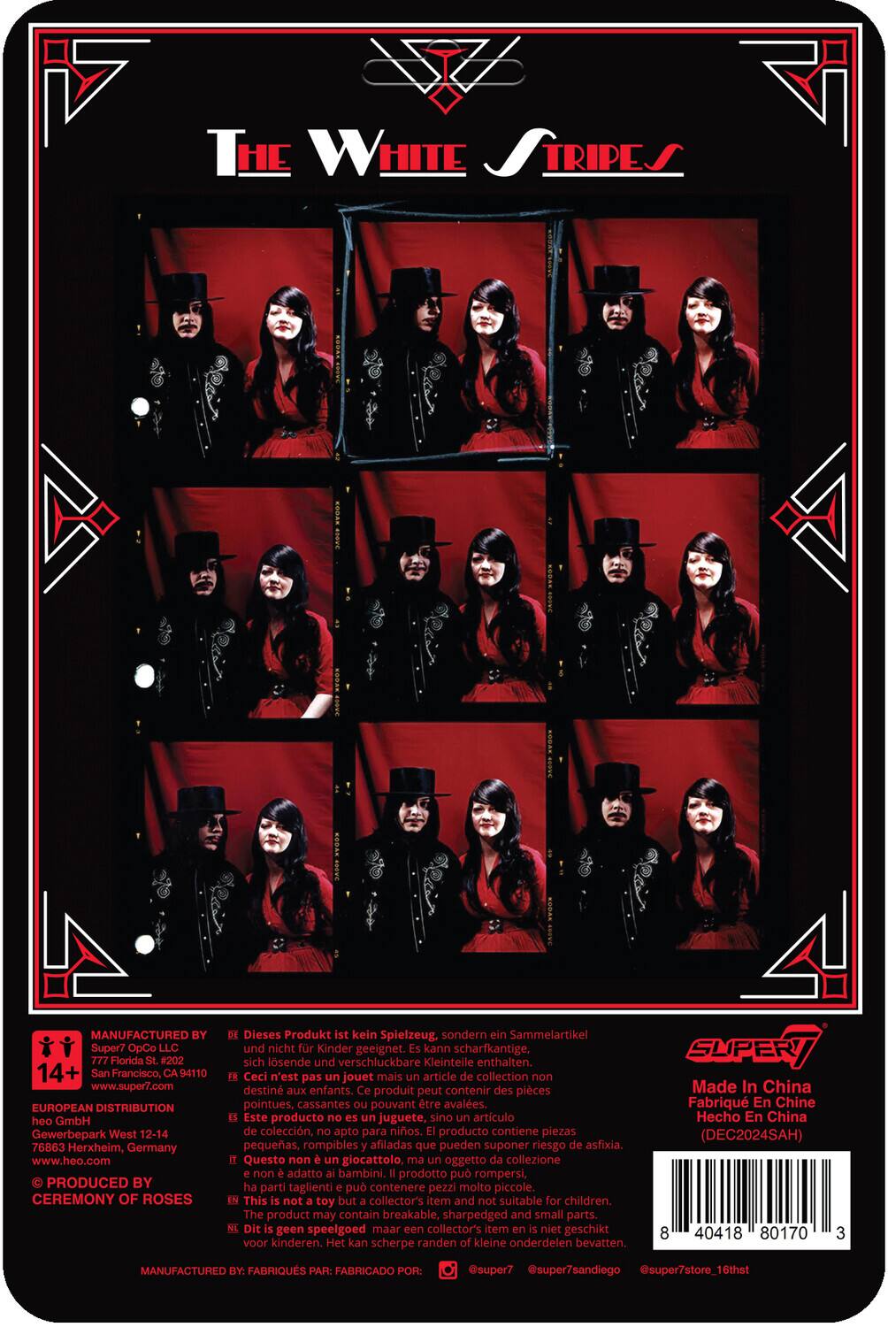 Sure, here is the corrected and grouped text from the image:

---

**THE WHITE STRIPES**

---

**MANUFACTURED BY**  
Super7 OpCo LLC  
777 Florida #202  
San Francisco, CA 94110  
www.super7.com

**EUROPEAN DISTRIBUTION**  
heo GmbH  
Gewerbepark West 12-14  
76863 Herxheim, Germany  
www.heo.com

**PRODUCED BY**  
CEREMONY OF ROSES

---

**14+**

---

**Dieses Produkt ist kein Spielzeug, sondern ein Sammelartikel und nicht für Kinder geeignet. Es kann scharfkantige, sich lösende und verschluckbare Kleinteile enthalten.**

**Ceci n'est pas un jouet mais un article de collection non destiné aux enfants. Ce produit peut contenir des pièces pointues, cassantes ou pouvant être avalées.**

**Este producto no es un juguete, sino un artículo de colección, no apto para niños. El producto contiene piezas pequeñas, rompibles afiladas que pueden suponer riesgo de as