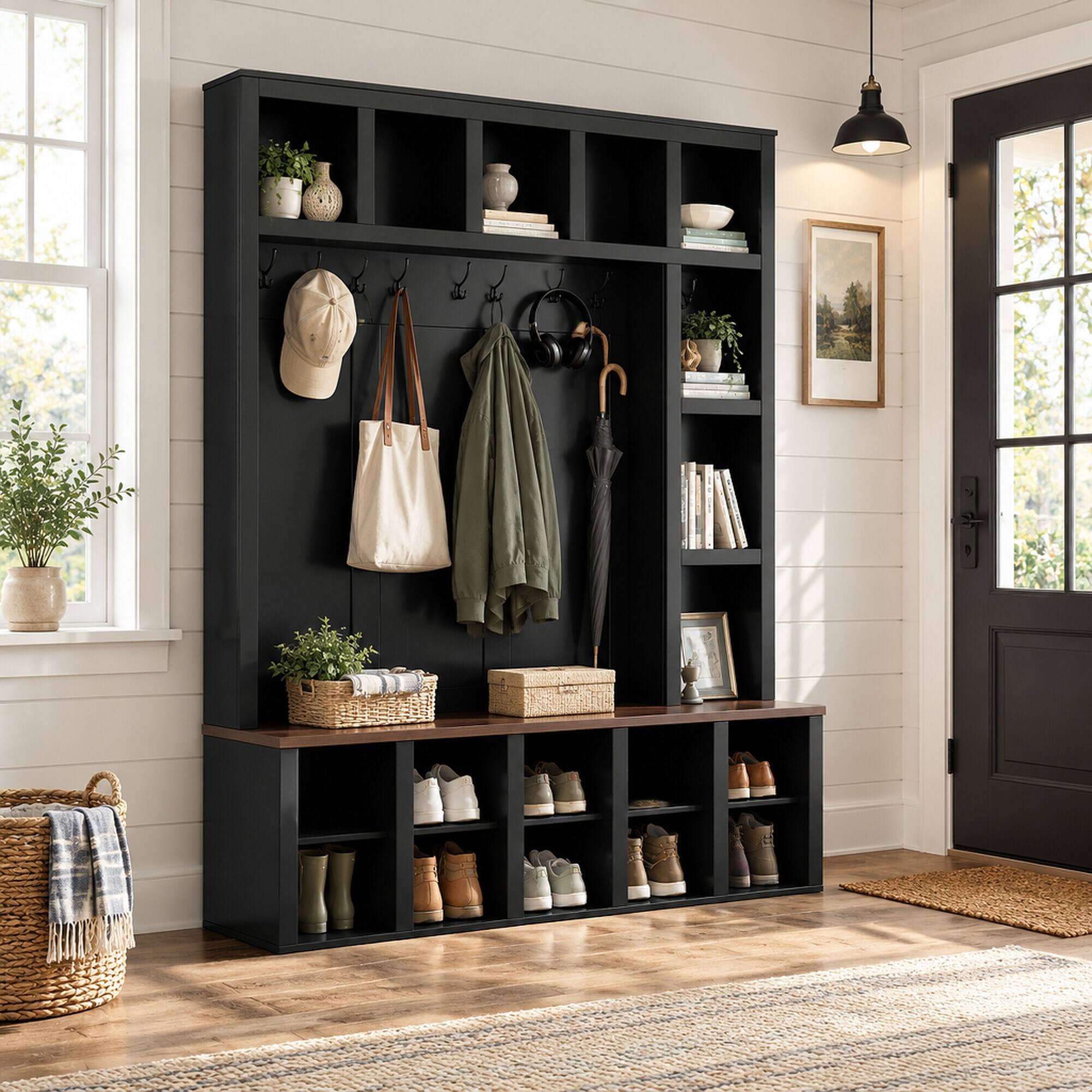 RYHNUYNE 4 in 1 Hall Tree, 59.0 in Wide, Walnut Bench, Black Finish, 6 ...