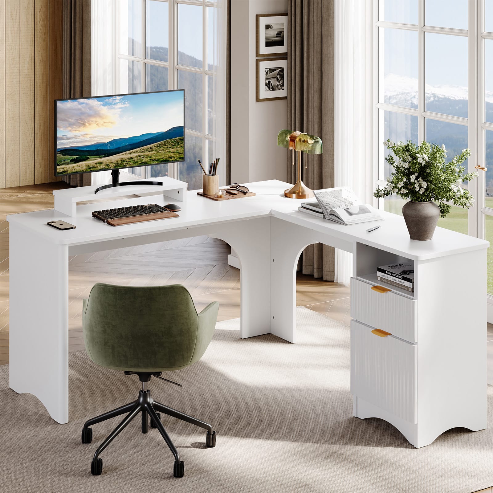 Alt View 2. Bestier - 55inch L-Shaped Computer Desk with File Drawer Monitor Stand and Fluted Panels Office Desk - White.