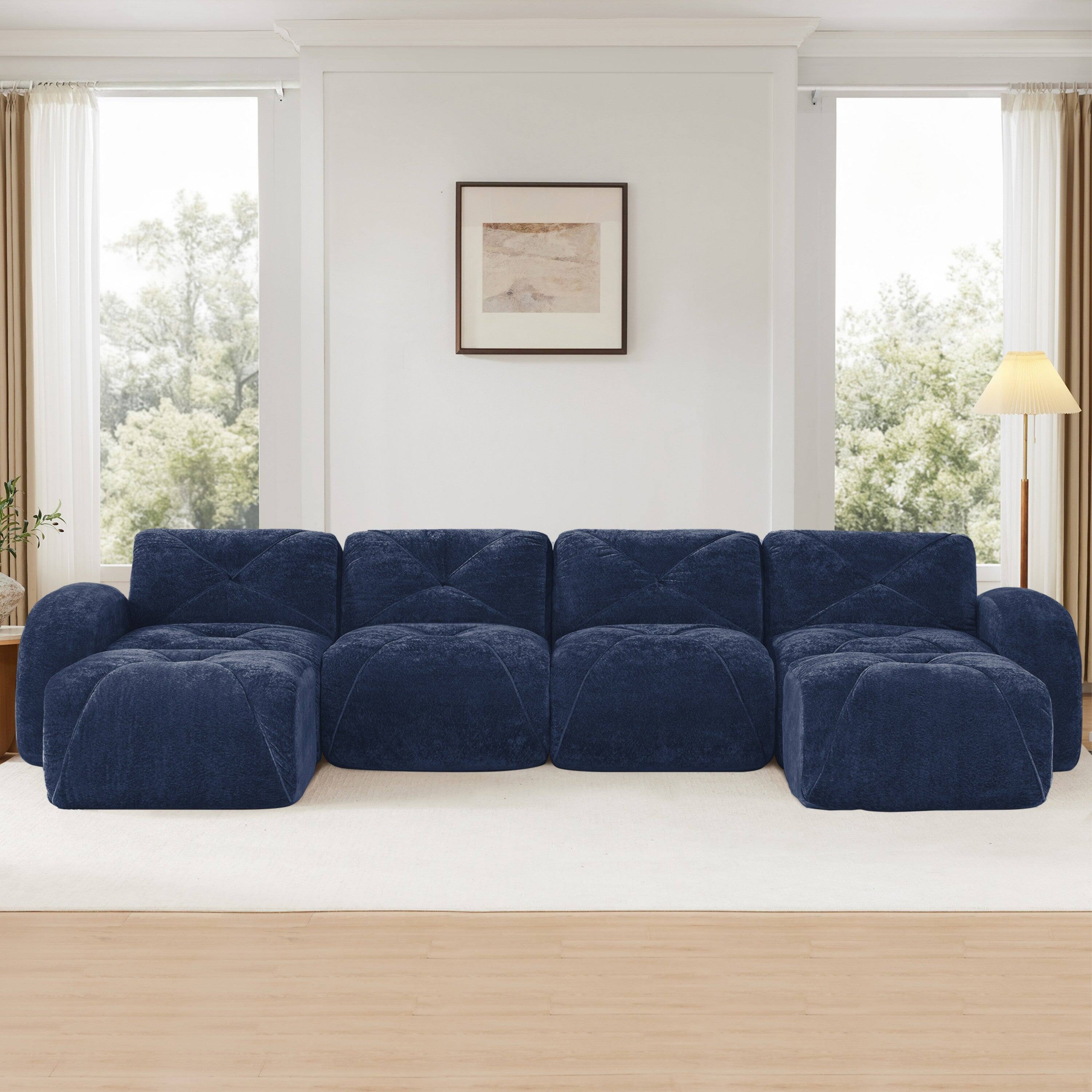 Alt View 3. Boyel Living - U Shaped Velvet Tufted Sofa Movable Ottomans 32D HD Sponge Anti Slip Free Combo No Assembly Living Theater Blue - Blue.