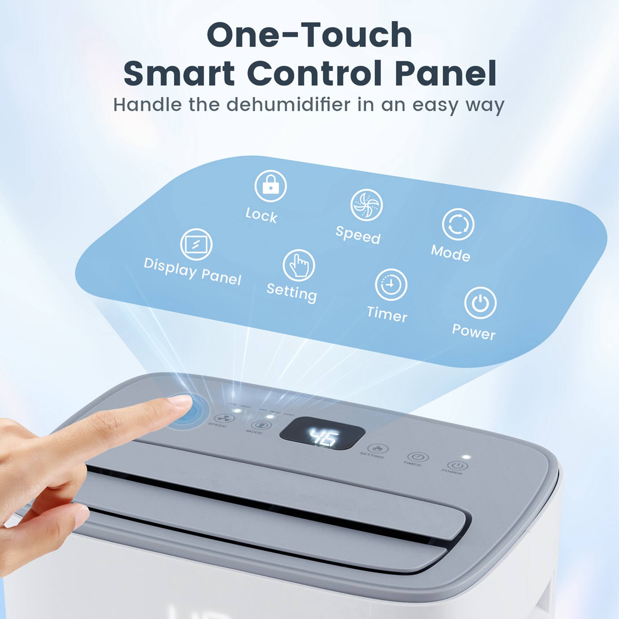 One-Touch Smart Control Panel: Handle the dehumidifier in an easy way. Lock, Speed Mode, Display Panel, Setting, Timer, Power.