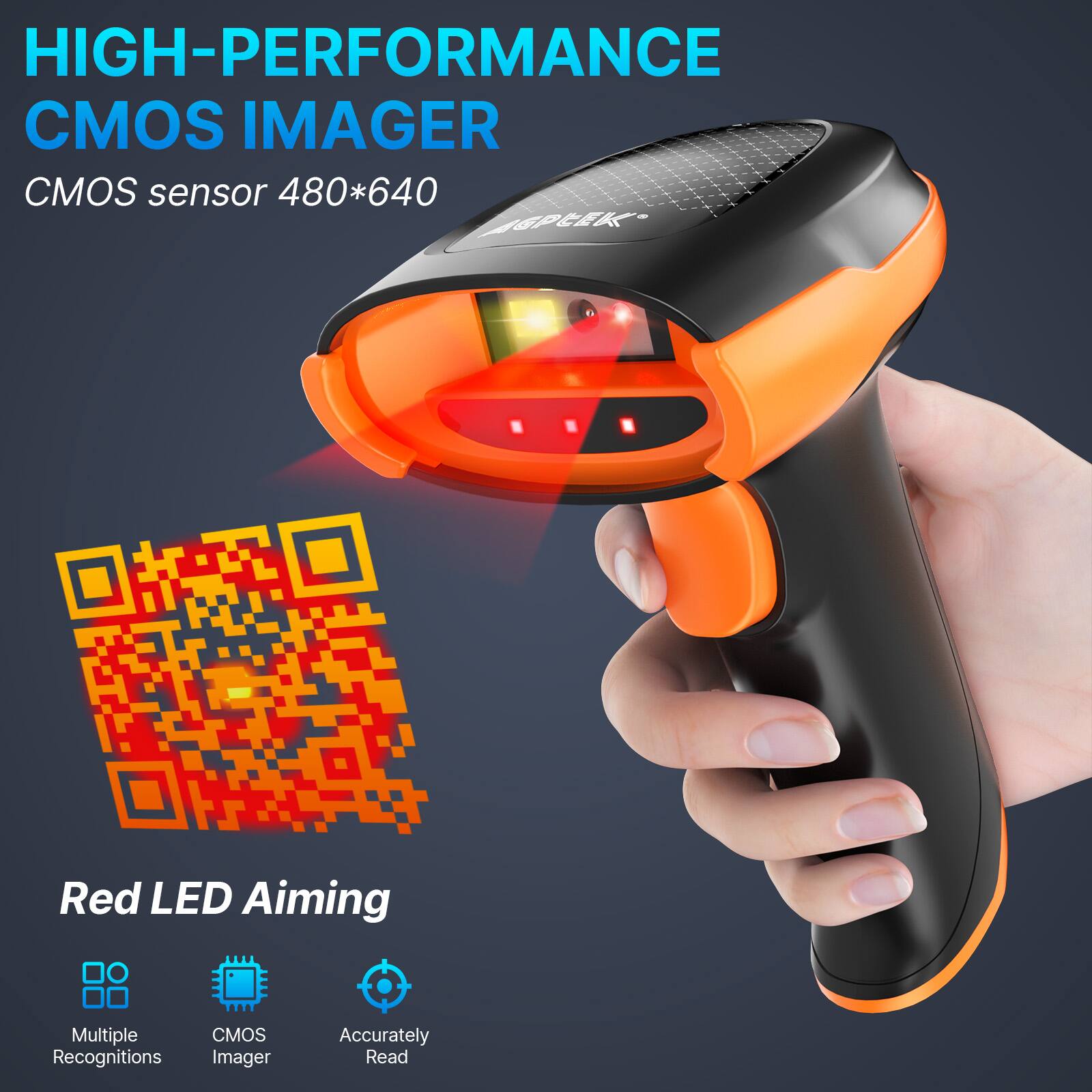 HIGH-PERFORMANCE  
CMOS IMAGER  
CMOS sensor 480*640  

Red LED Aiming  

Multiple Recognitions  
CMOS Imager  
Accurately Read