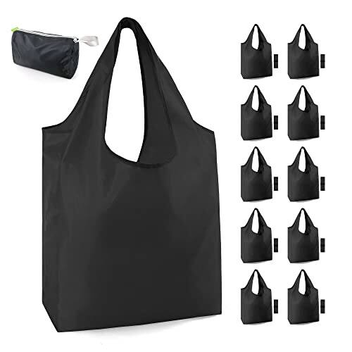 Front. DORLUKFU - 10 Pack Black Reusable Grocery Bags with Storage Pouch Reusable Shopping Bags Bulk with Elastic Band 50LBS - Solid Black.
