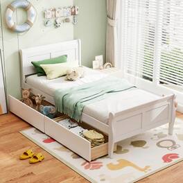 Costway - Twin Size Bed Frame with 2 Storage Drawers Wood Platform Bed with Headboard - White