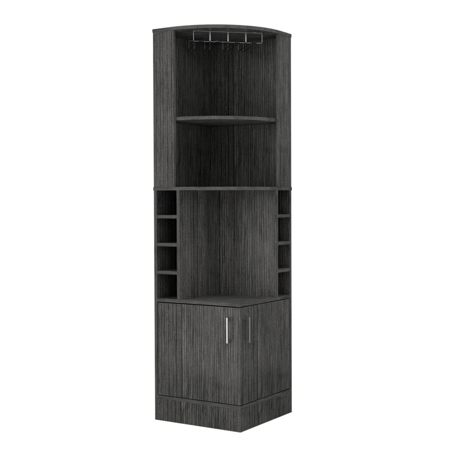 Back. TuHome - Syrah Corner Bar Cabinet, Eight Bottle Cubbies, Double Door, Two Open Shelves, Bar Room or Living Room - Smokey Oak.