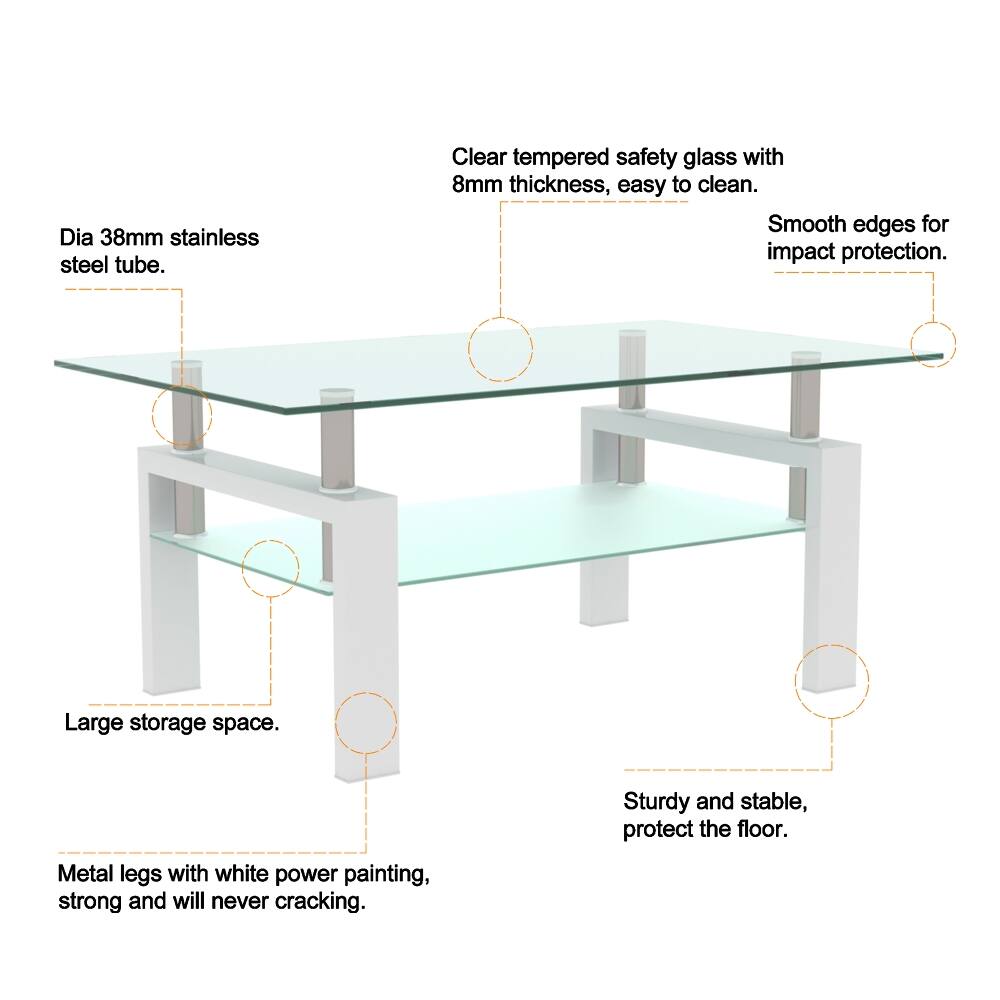 - Dia 38mm stainless steel tube.
- Clear tempered safety glass with 8mm thickness, easy to clean.
- Smooth edges for impact protection.
- Large storage space.
- Metal legs with white power painting, strong and will never cracking.
- Sturdy and stable, protect the floor.