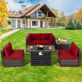 Costway - 6PCS Patio Rattan Furniture Set 42" Fire Pit Table Cover Sofa Cushion - Mix Brown/Red