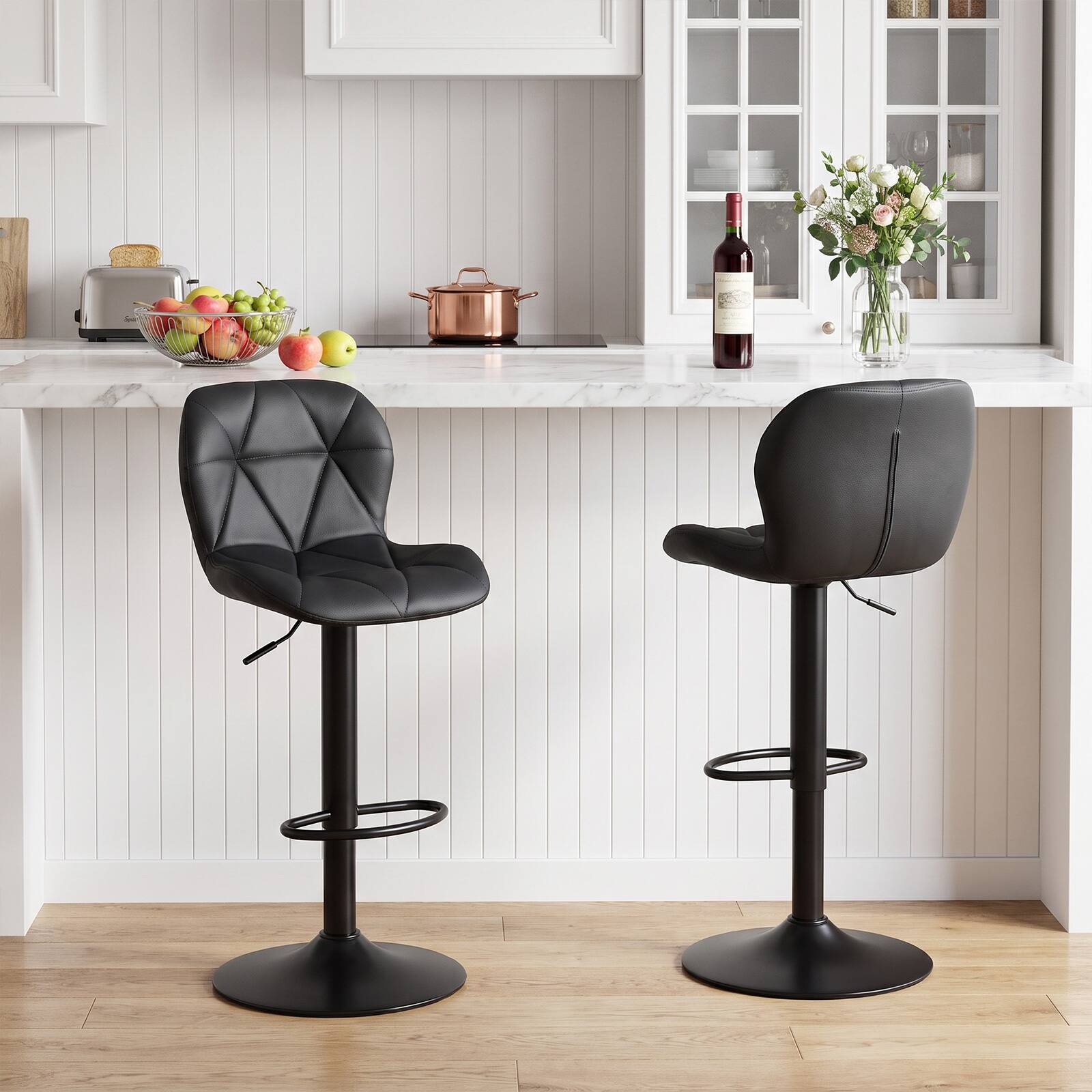 Alt View 1. Costway - Costway 2 PCS Upholstered Swivel Bar Stools with Adjustable Height Curved Backs Footrests - Black.