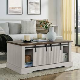 Aukfa - 41.3 Inch Coffee Table with Storage - Sliding Wood Door, Adjustable Shelves, Farmhouse Style for Living/Meeting Room - White
