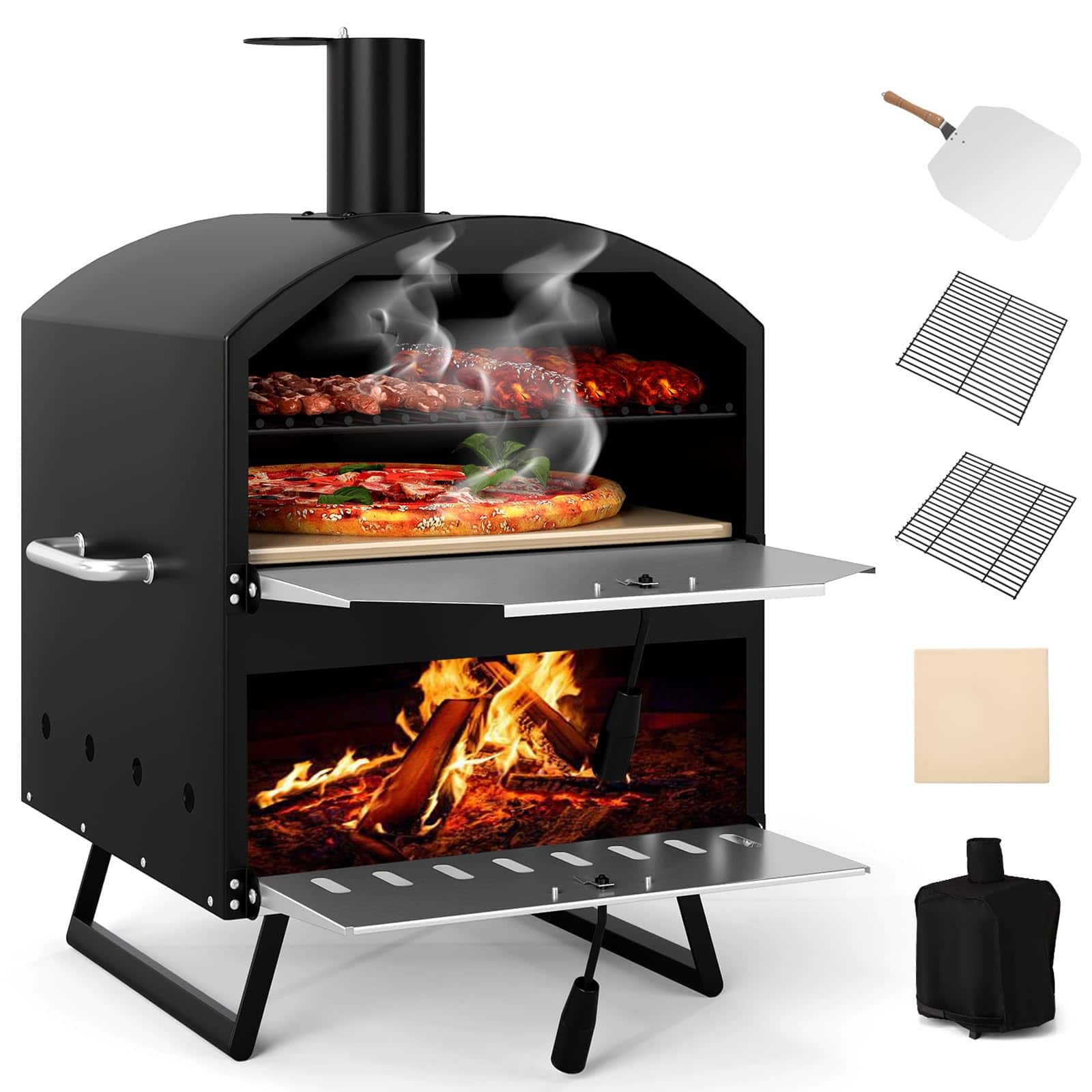 Ecooso - 16" Wood-Fired Pizza Oven, Dual-Layer Outdoor Pizza Maker with Square Pizza Stone - Black + Silver