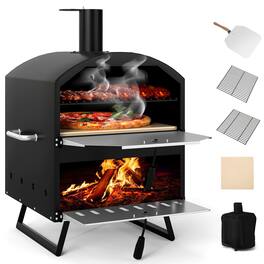 Ecooso - 16" Wood-Fired Pizza Oven, Dual-Layer Outdoor Pizza Maker with Square Pizza Stone - Black + Silver