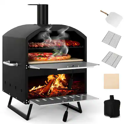 Front. Ecooso - 16" Wood-Fired Pizza Oven, Dual-Layer Outdoor Pizza Maker with Square Pizza Stone - Black + Silver.