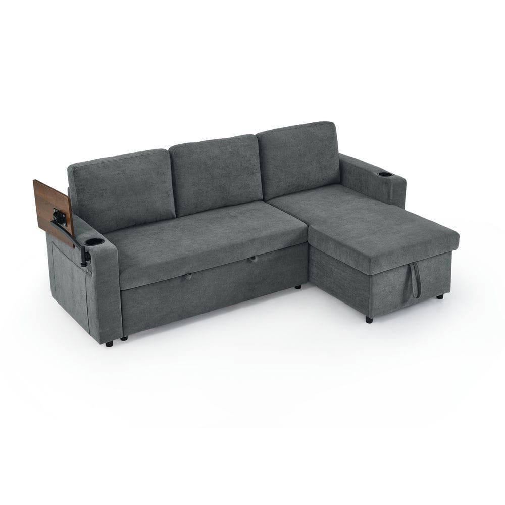 Back. Kadyn - Multi-Functional Chenille Sleeper Sofa, Retractable Table, LED Lights, USB Ports and Cup Holders, Gray - Gray.
