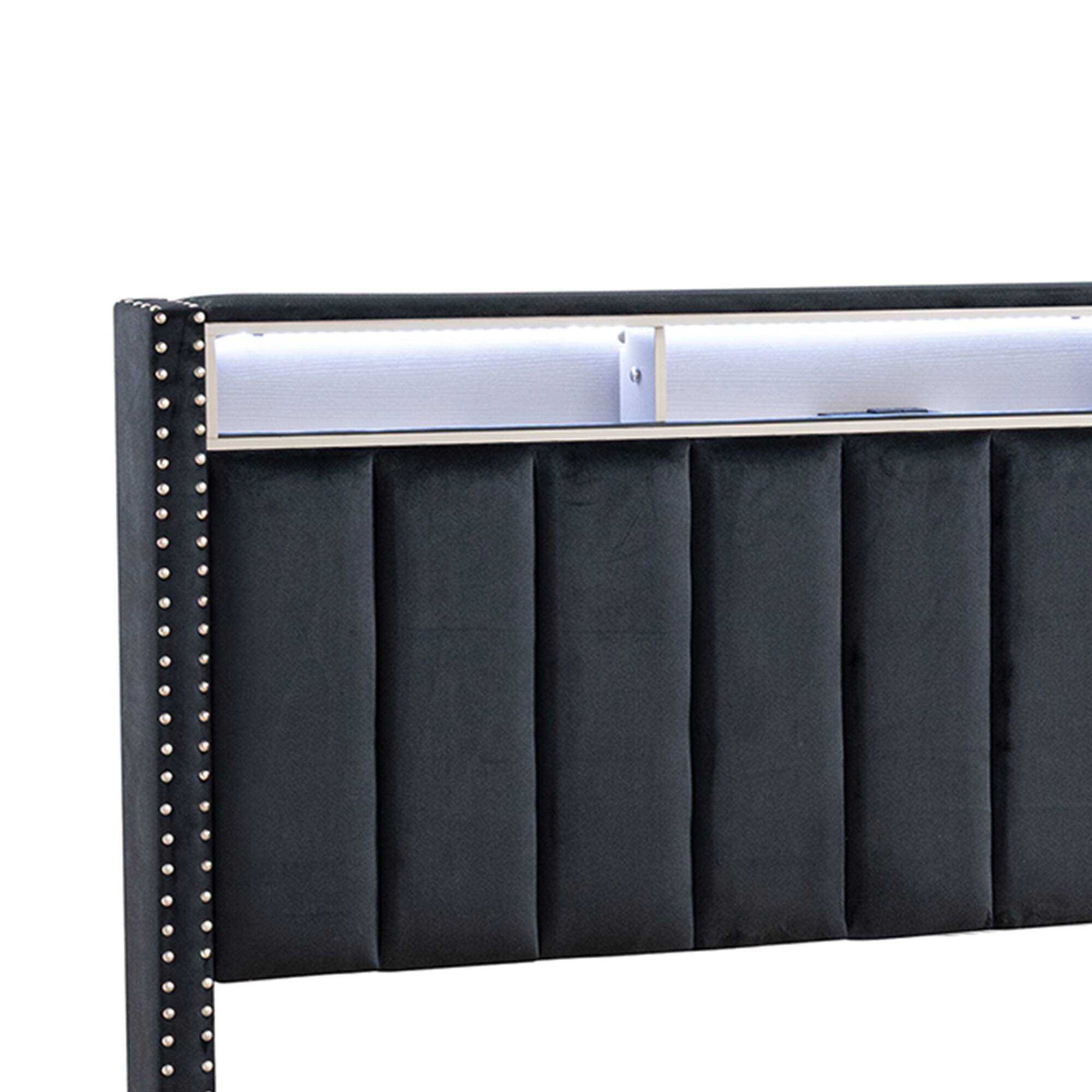 Alt View 4. Parrot Uncle - Contemporary Velvet Platform Bed With LED Lights and Nailhead Trim - Black.