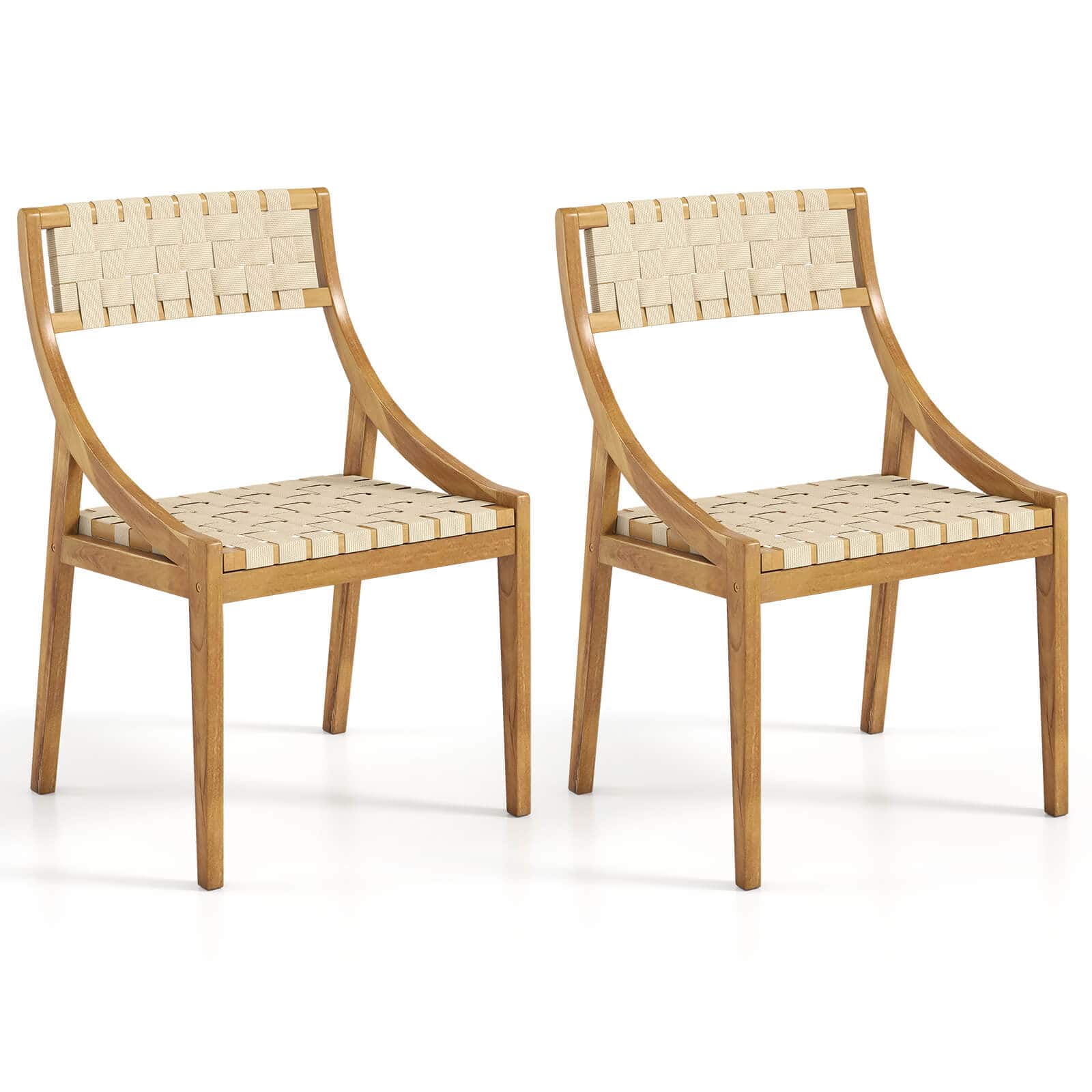 Costway - 2 PCS Outdoor Dining Chair Teak Wood Armless Patio Chair with Webbing Seat & Backrest - Natural