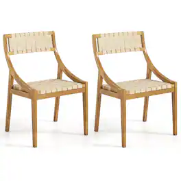 Costway - 2 PCS Outdoor Dining Chair Teak Wood Armless Patio Chair with Webbing Seat & Backrest - Natural