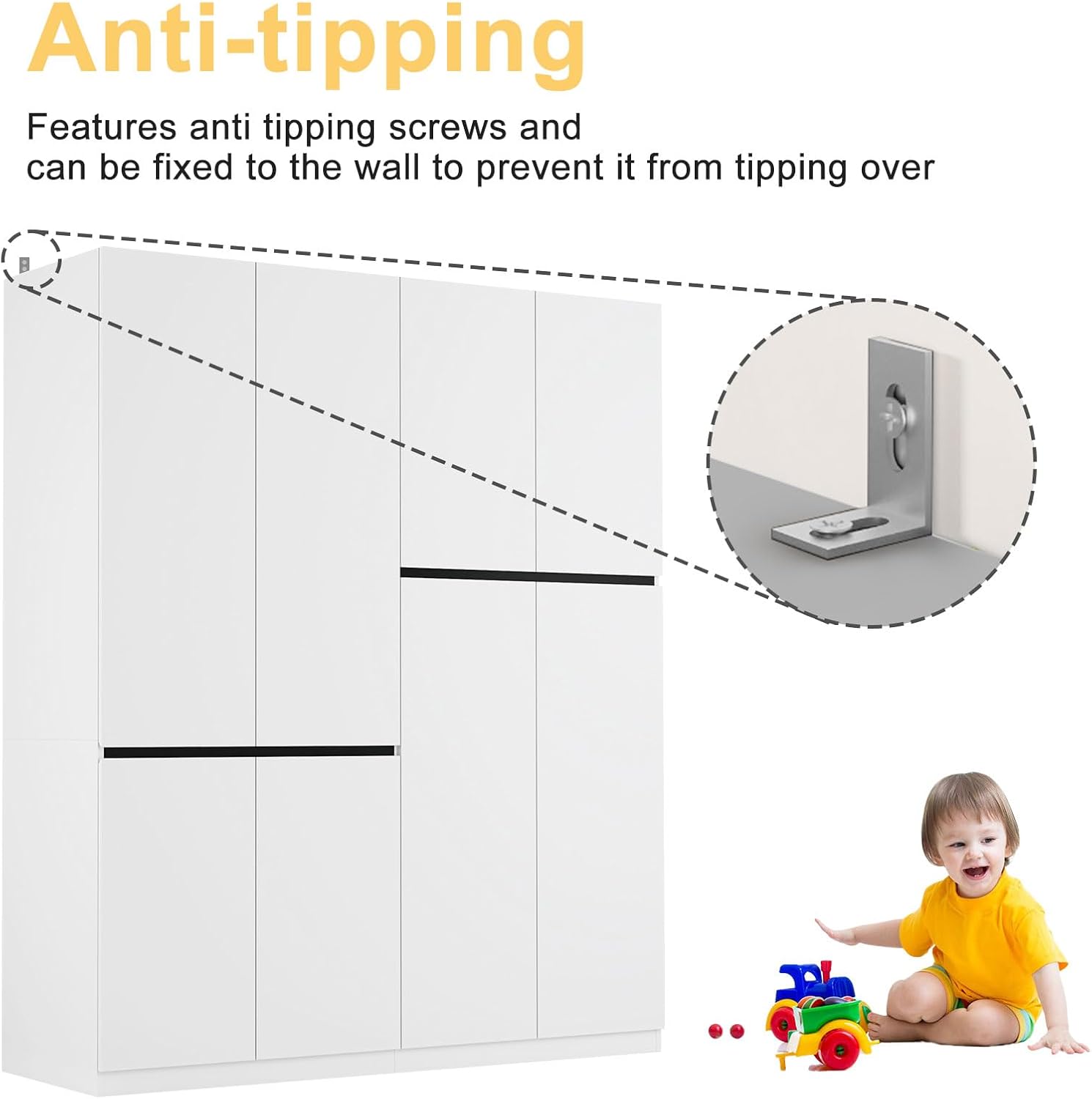 Anti-tipping Features anti tipping screws and can be fixed to the wall to prevent it from tipping over