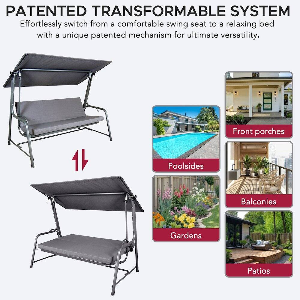 PATENTED TRANSFORMABLE SYSTEM  
Effortlessly switch from a comfortable swing seat to a relaxing bed with a unique patented mechanism for ultimate versatility.  

Front porches  
Poolsides  
Balconies  
Gardens  
Patios