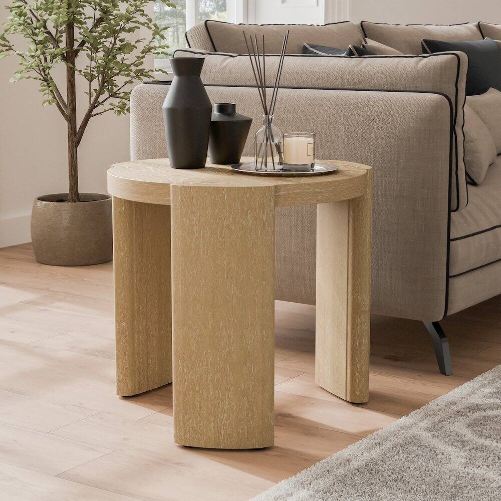 Left. Furniture of America - Honora Modern Wood Oval End Table with Plinth Base, Oak - Brown.