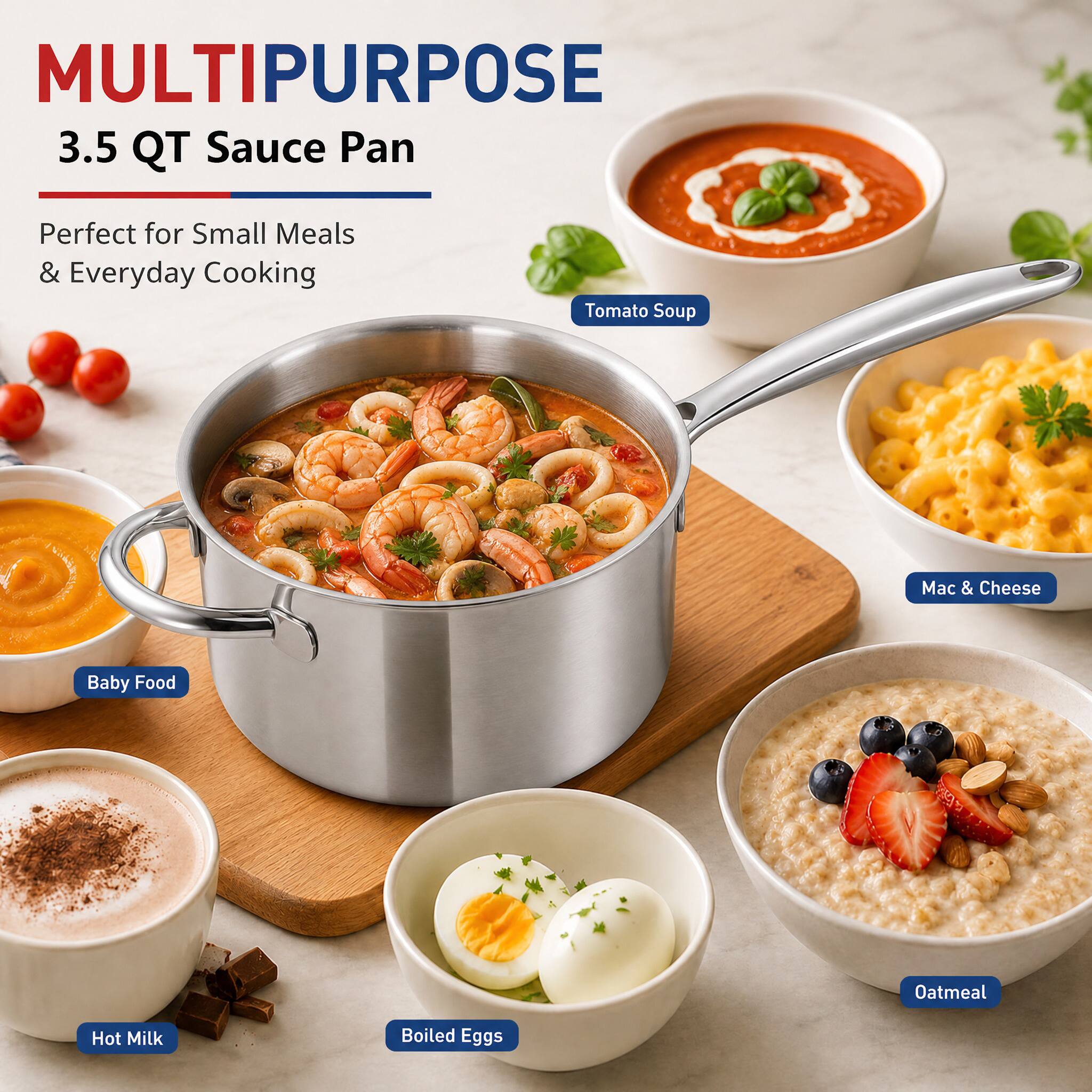 MULTIPURPOSE  
3.5 QT Sauce Pan  
Perfect for Small Meals & Everyday Cooking  
Tomato Soup  
Mac & Cheese  
Baby Food  
Oatmeal  
Hot Milk  
Boiled Eggs