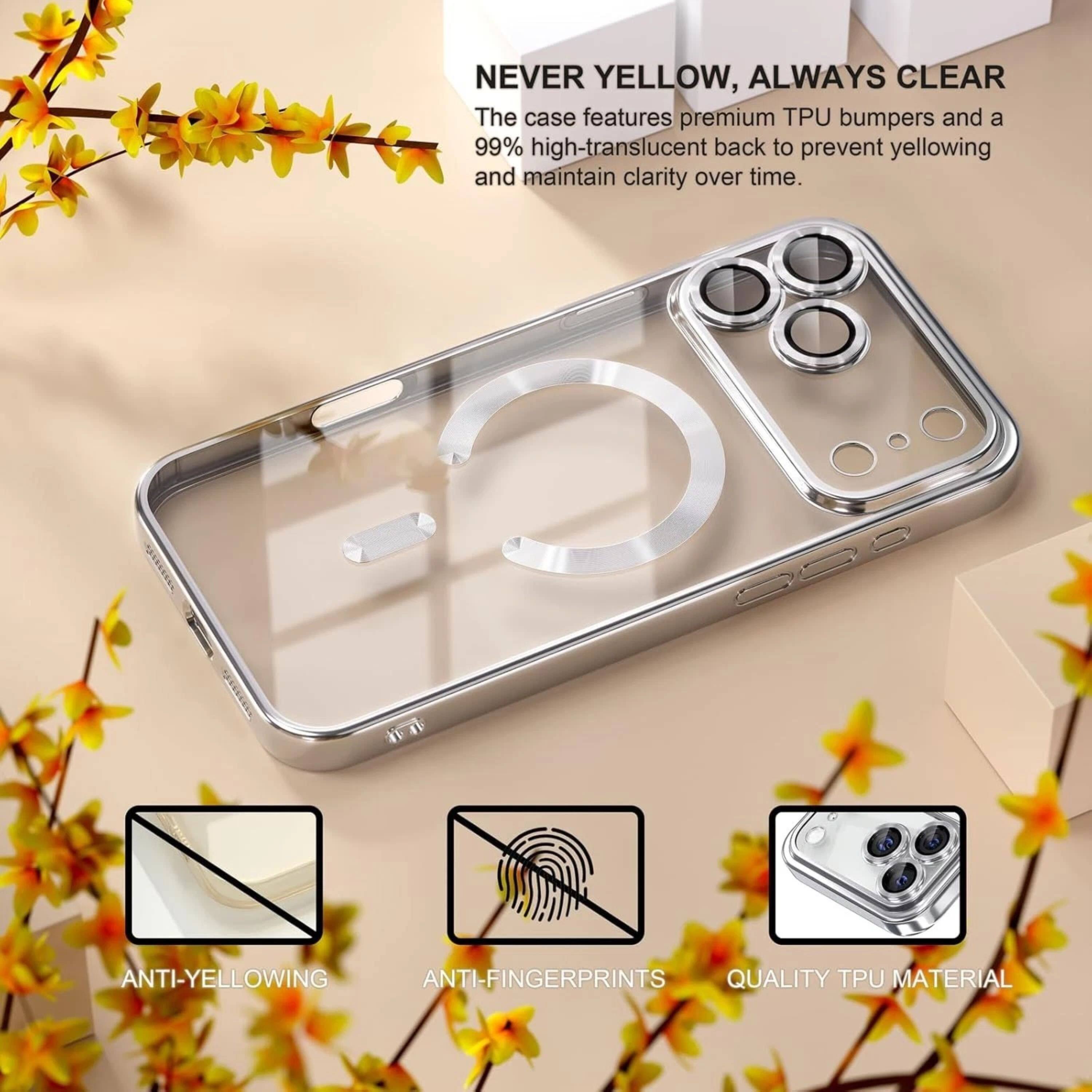 NEVER YELLOW, ALWAYS CLEAR  
The case features premium TPU bumpers and a 99% high-translucent back to prevent yellowing and maintain clarity over time.

ANTI-YELLOWING  
ANTI-FINGERPRINTS  
QUALITY TPU MATERIAL
