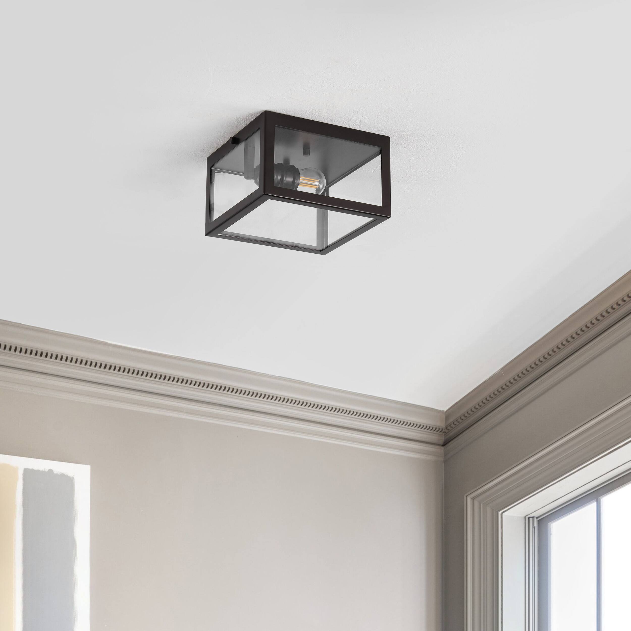 Alt View 5. Jonathan Y - Grayson 8" 1-Light Farmhouse Industrial Square Iron/Glass Case LED Flush Mount, Oil Rubbed Bronze - Oil Rubbed Bronze.