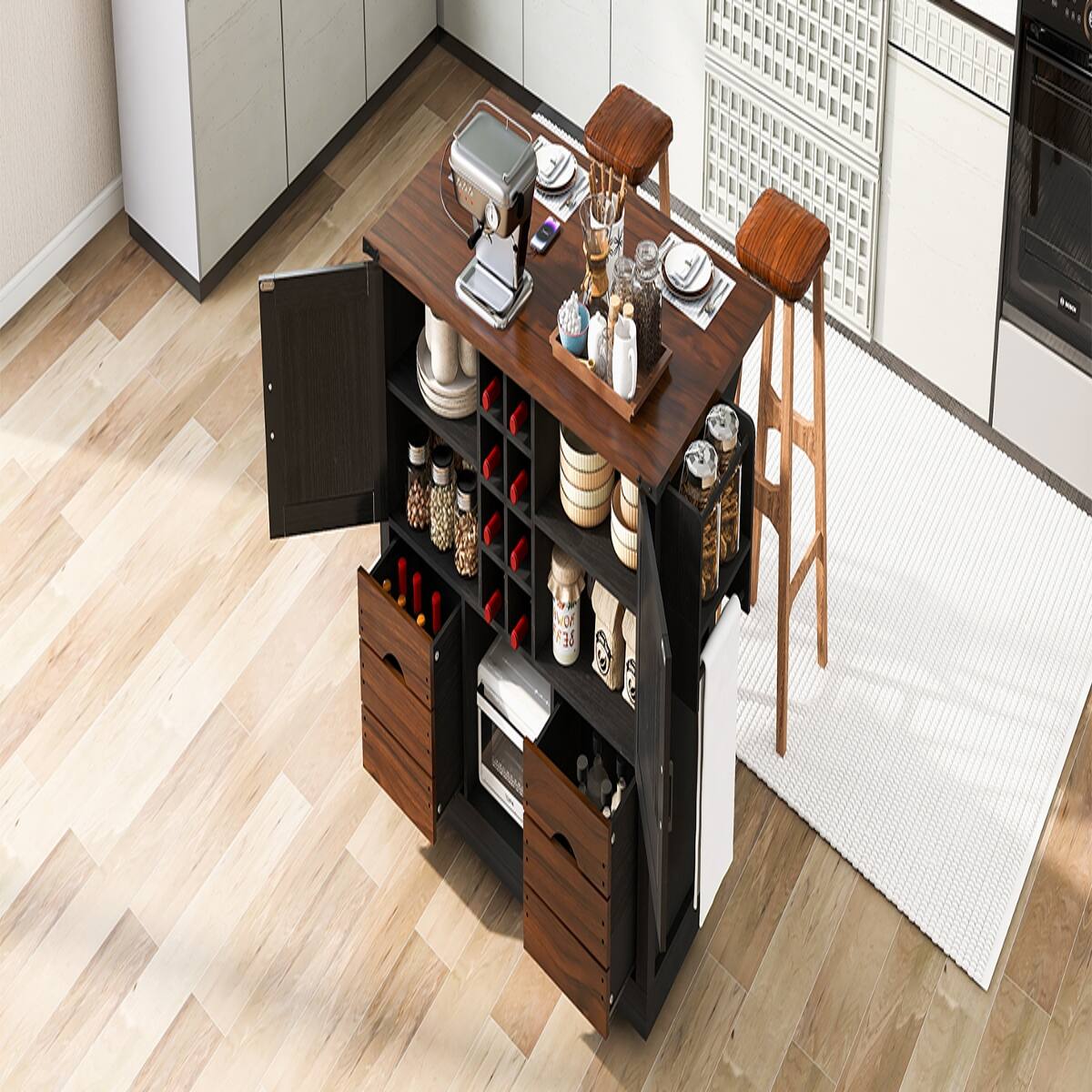 Alt View 1. Loheer - Loheer 54" Farmhouse Kitchen Island with Drop Leaf, Black Rolling Kitchen Cart with Power Outlet and Wine Rack - Black.