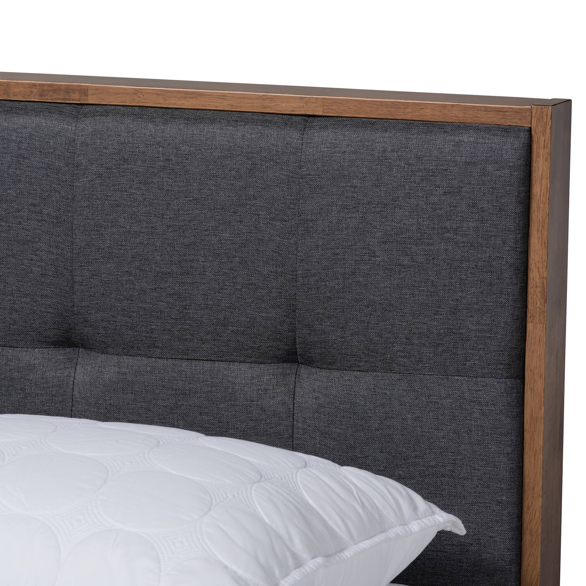 Back. Baxton Studio - Alke Mid-Century Modern Fabric Upholstered Walnut Brown Finished Wood Platform Bed - Dark Grey/Walnut.