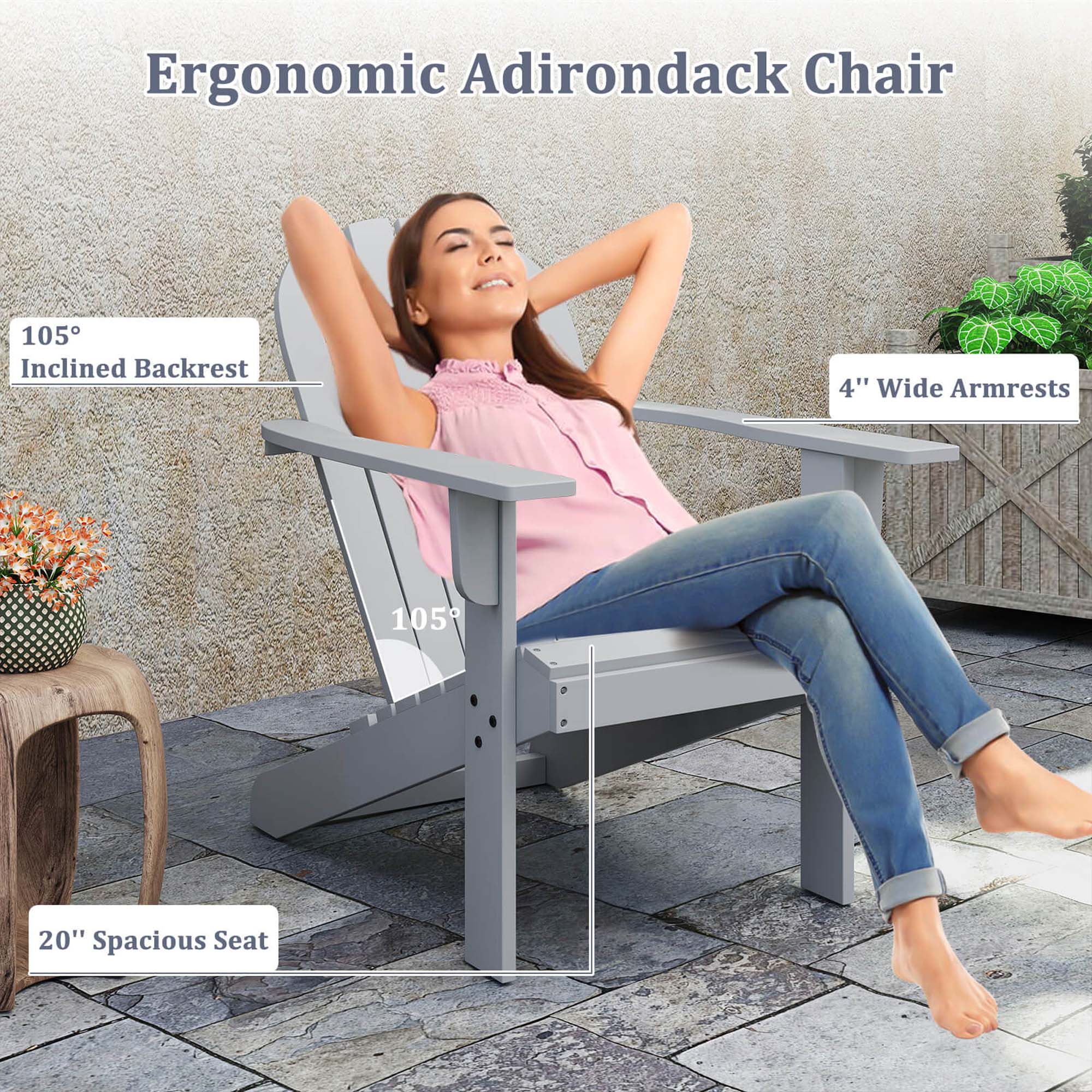 Ergonomic Adirondack Chair: 105 Inclined Backrest, 4" Wide Armrests, 105 20" Spacious Seat.