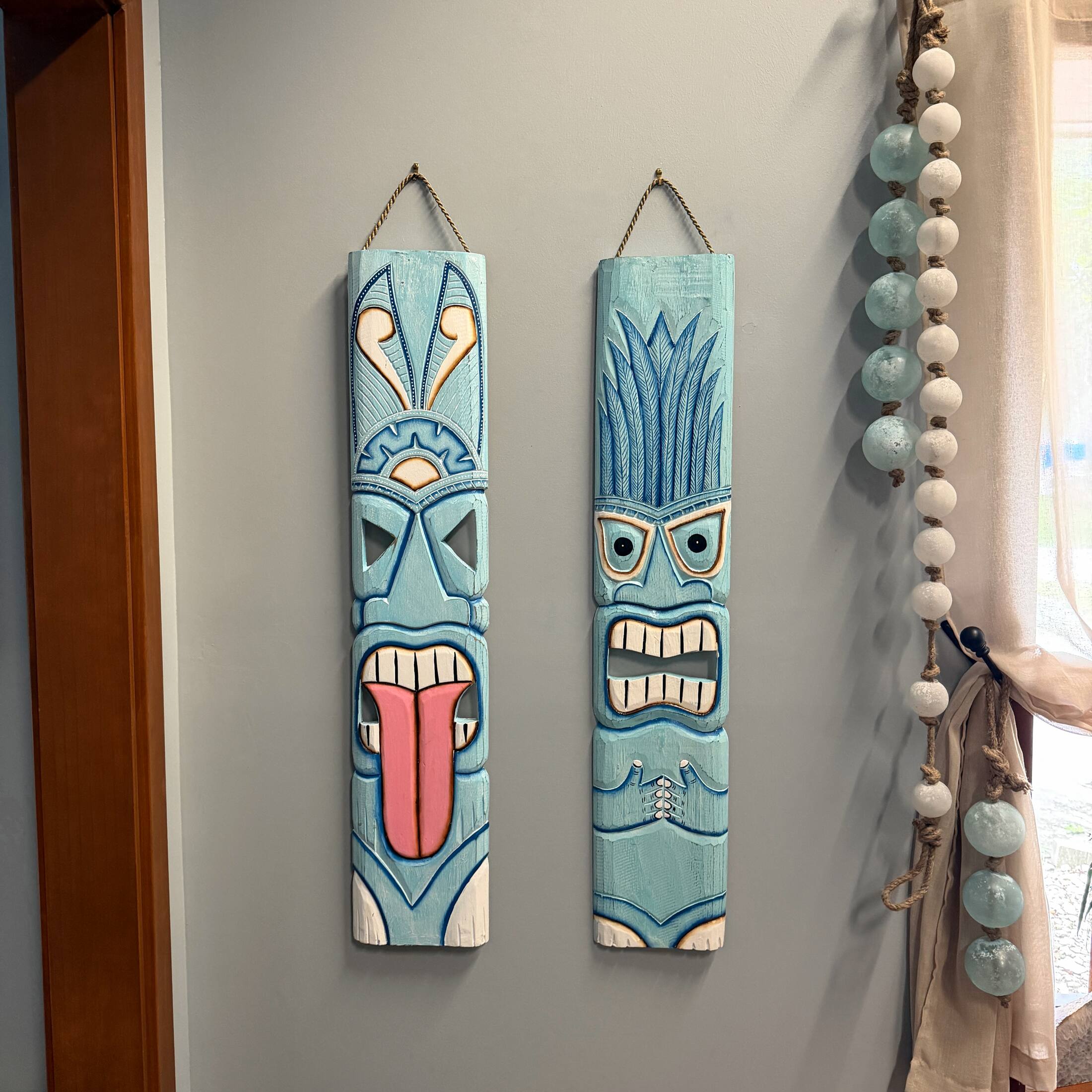 Alt View 3. Chesapeake Bay - Set of 2 Aqua Tiki Wall Plaques Hand Carved Wood 39 Inch Tall Coastal Decor - Aqua.