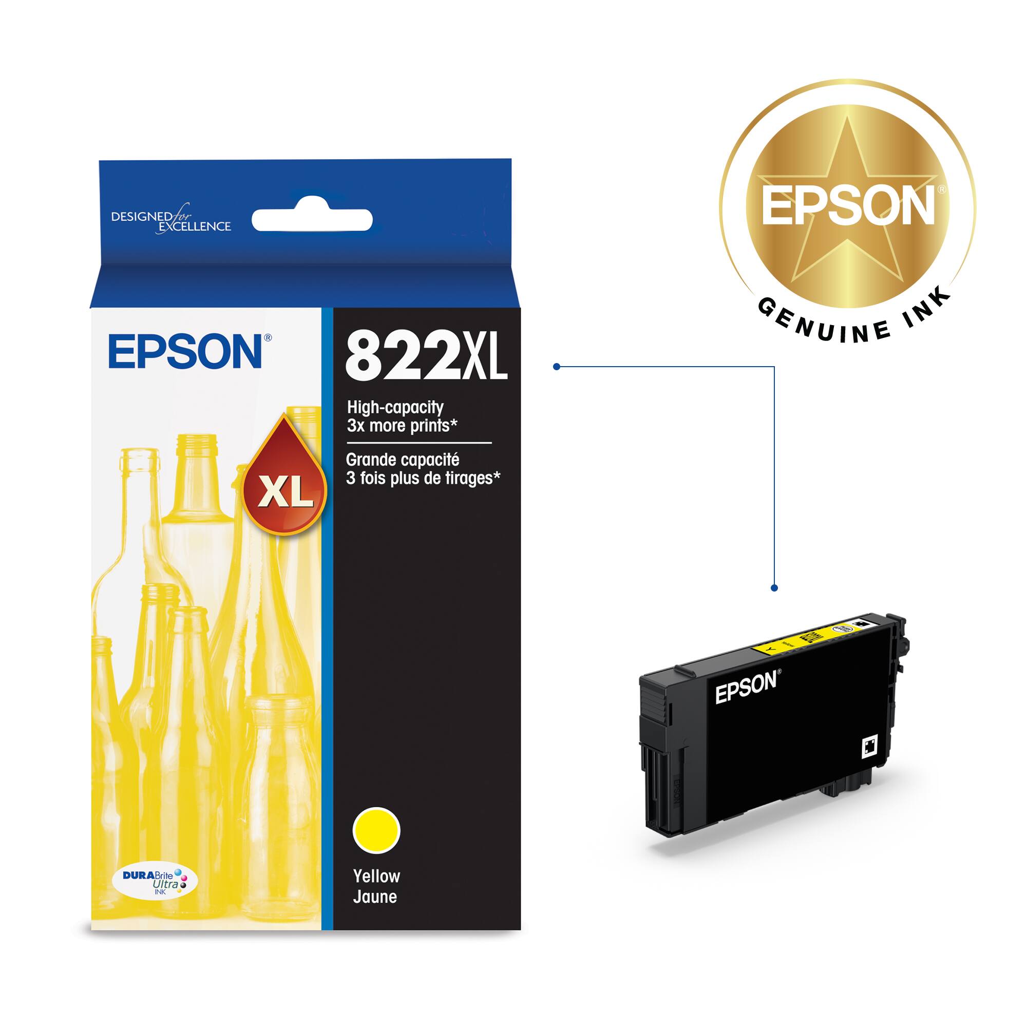 Epson 822XL High-capacity 3x more prints* Grande capacit 3 fois plus de tirages* XL GENUINE INK EPSON' 3 * DUEA/Vile Ultra a ! Yellow Jaune
