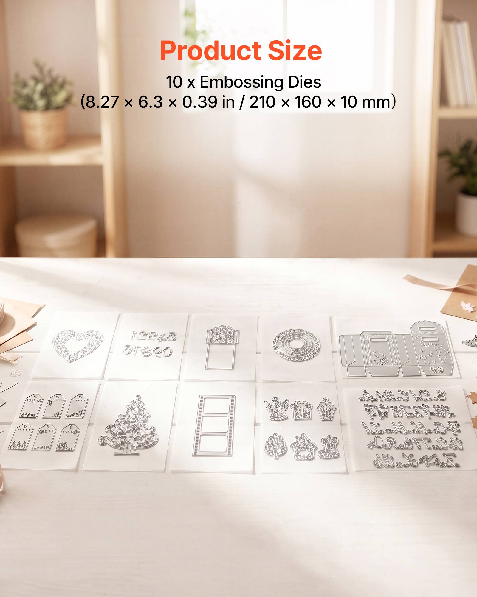 Product Size  
10 x Embossing Dies (8.27 x 6.3 x 0.39 in / 210 x 160 x 10 mm)