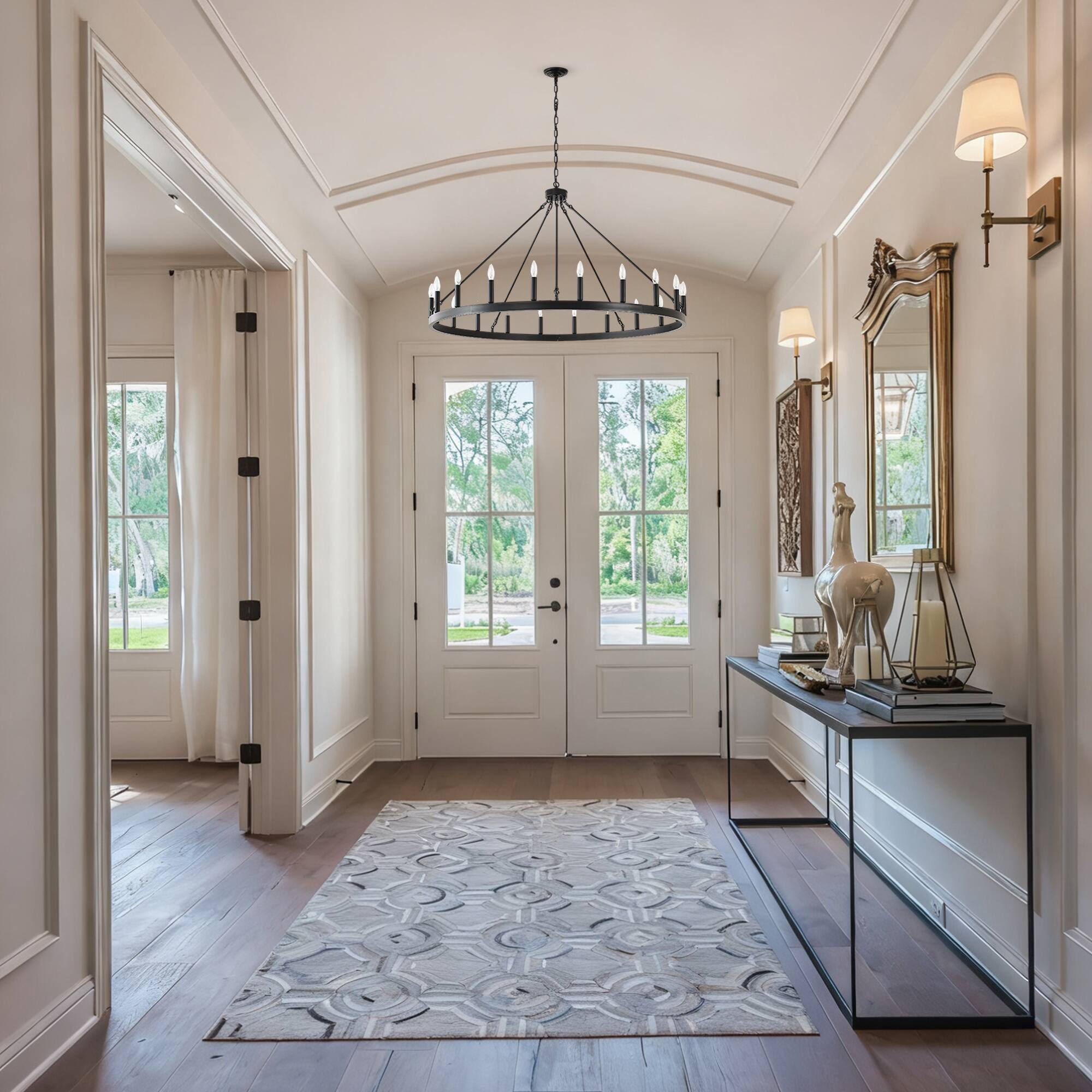 Back. RYHNUYNE - 53 Inch Large Black Farmhouse Wagon Wheel Chandelier 20-Light Industrial Rustic Pendant Light Fixture for High Ceiling - Black.