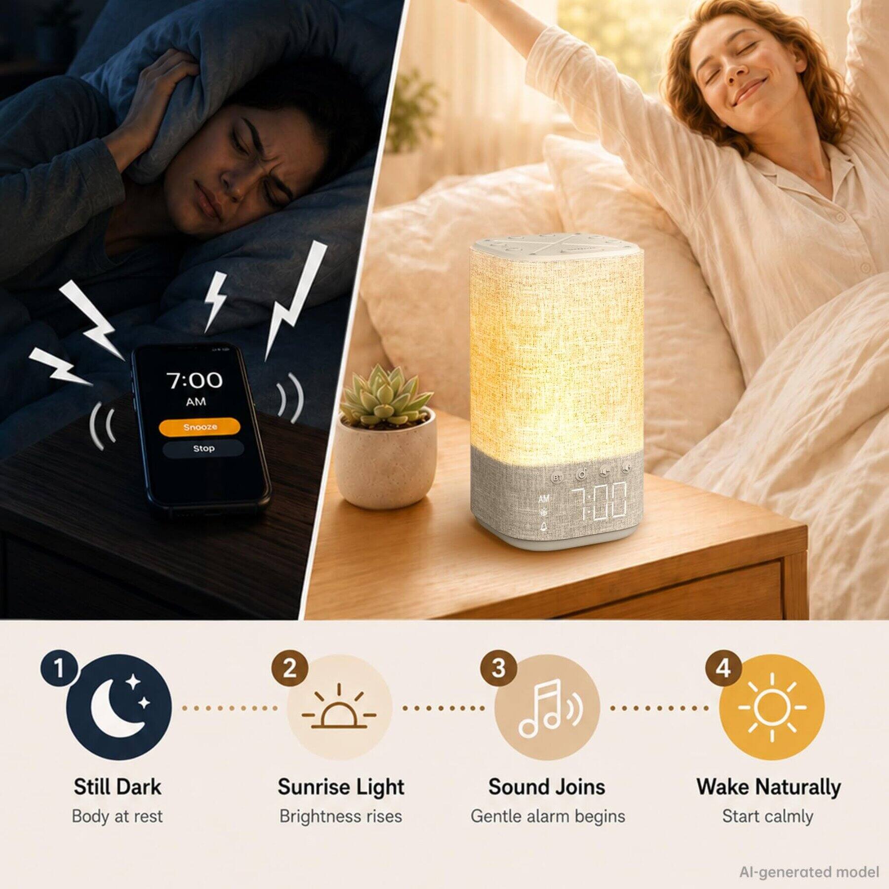 7:00 AM  
Snooze  
Stop  

1. Still Dark  
   Body at rest  

2. Sunrise Light  
   Brightness rises  

3. Sound Joins  
   Gentle alarm begins  

4. Wake Naturally  
   Start calmly  

Al-generated model