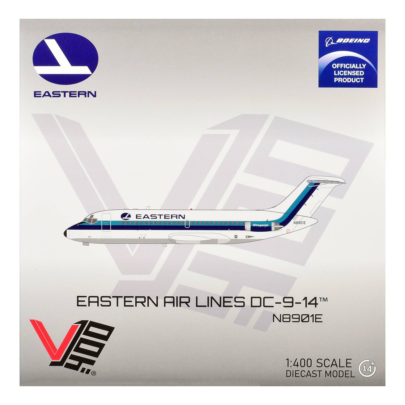 EASTERN  
BOEING OFFICIALLY LICENSED PRODUCT  
EASTERN  
Whisperjet  
NBSOTE  
...  
EASTERN AIR LINES DC-9-14™ N8901E  
1:400 SCALE 14 DIECAST MODEL