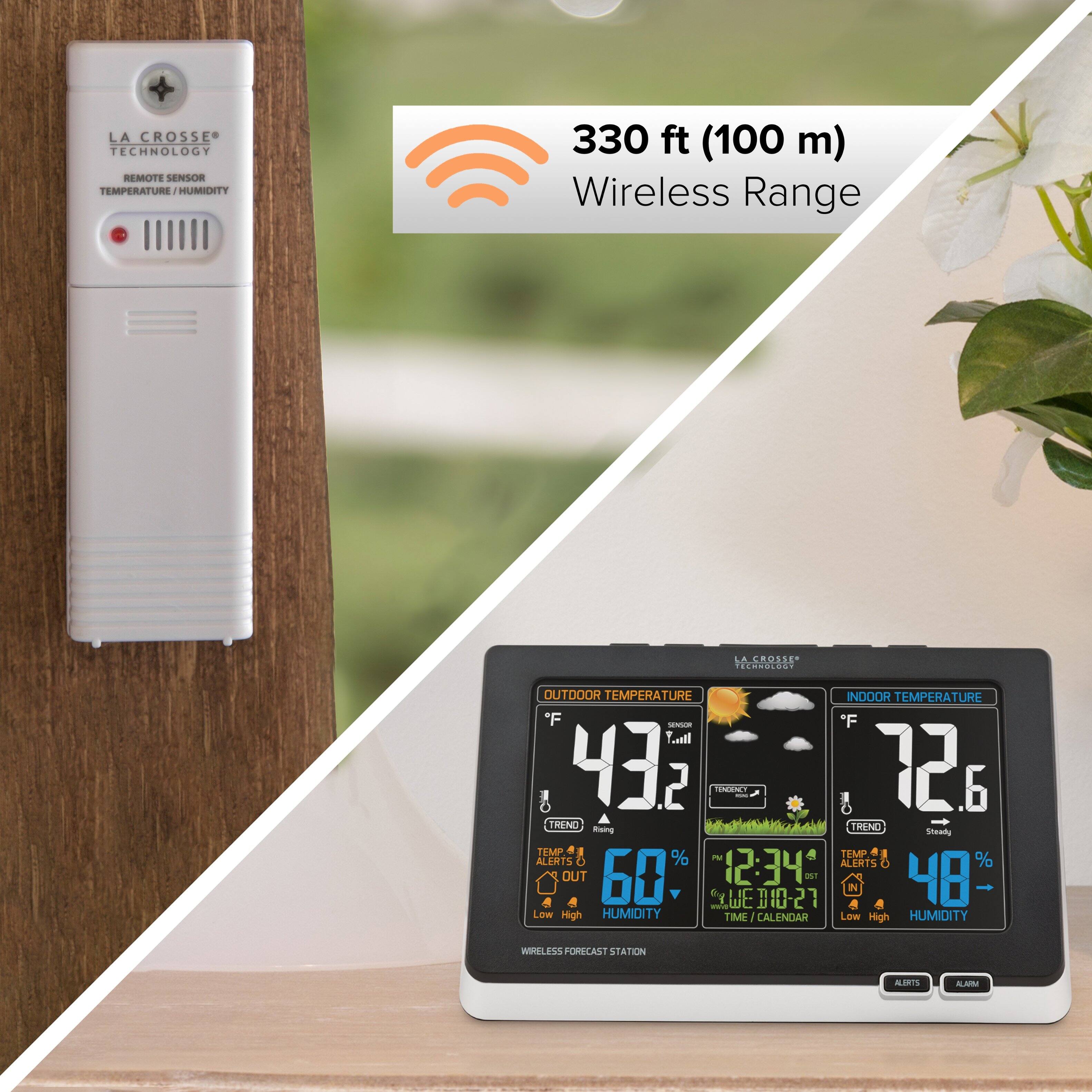 LA CROSSE TECHNOLOGY  
REMOTE SENSOR  
TEMPERATURE / HUMIDITY  

330 ft (100 m) Wireless Range  

OUTDOOR TEMPERATURE  
°F 43.2  
TREND Rising  
ALERTS Low High  
HUMIDITY 60%  
WIRELESS FORECAST STATION  

INDOOR TEMPERATURE  
°F 72.6  
TREND Steady  
ALERTS Low High  
HUMIDITY 48%  

TIME / CALENDAR  
12:34  
WED 10-27  

ALERTS  
ALARM