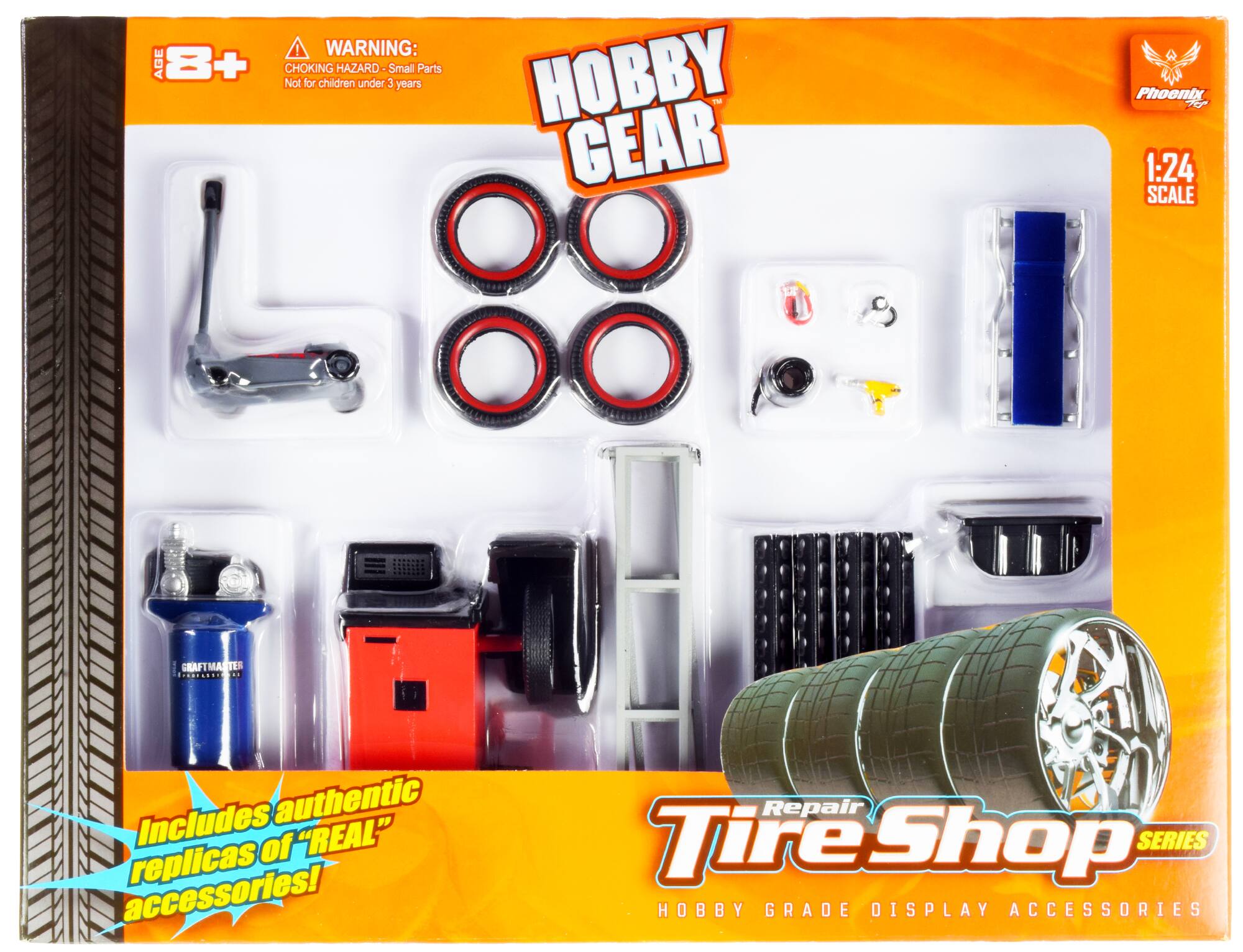 WARNING: AGE 8+ + CHOKING HAZARD Small Parts Not for children under 3 years

HOBBY GEAR

Phoentx

1:24 SCALE

GRAFTMASTER

Includes authentic replicas of "REAL" accessories!

Repair Tire Shop SERIES

HOBBY GRADE DISPLAY ACCESSORIES