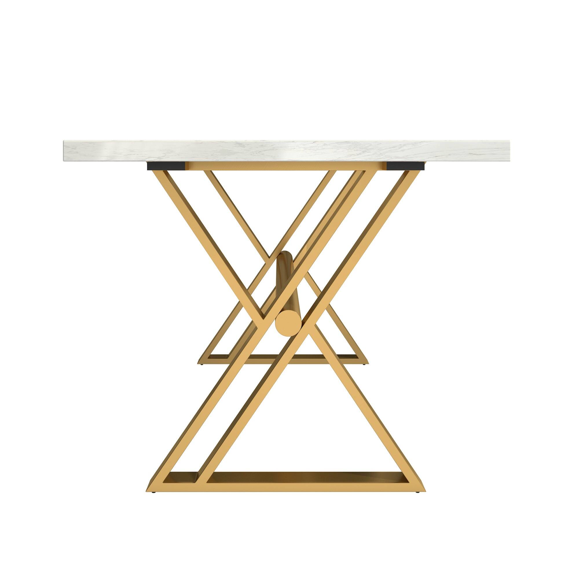 Angle. Boyel Living - White Marble 70.87 Inch Cross Legs Dining Table Seats 6 Modern Gold Stainless Steel Base - White.