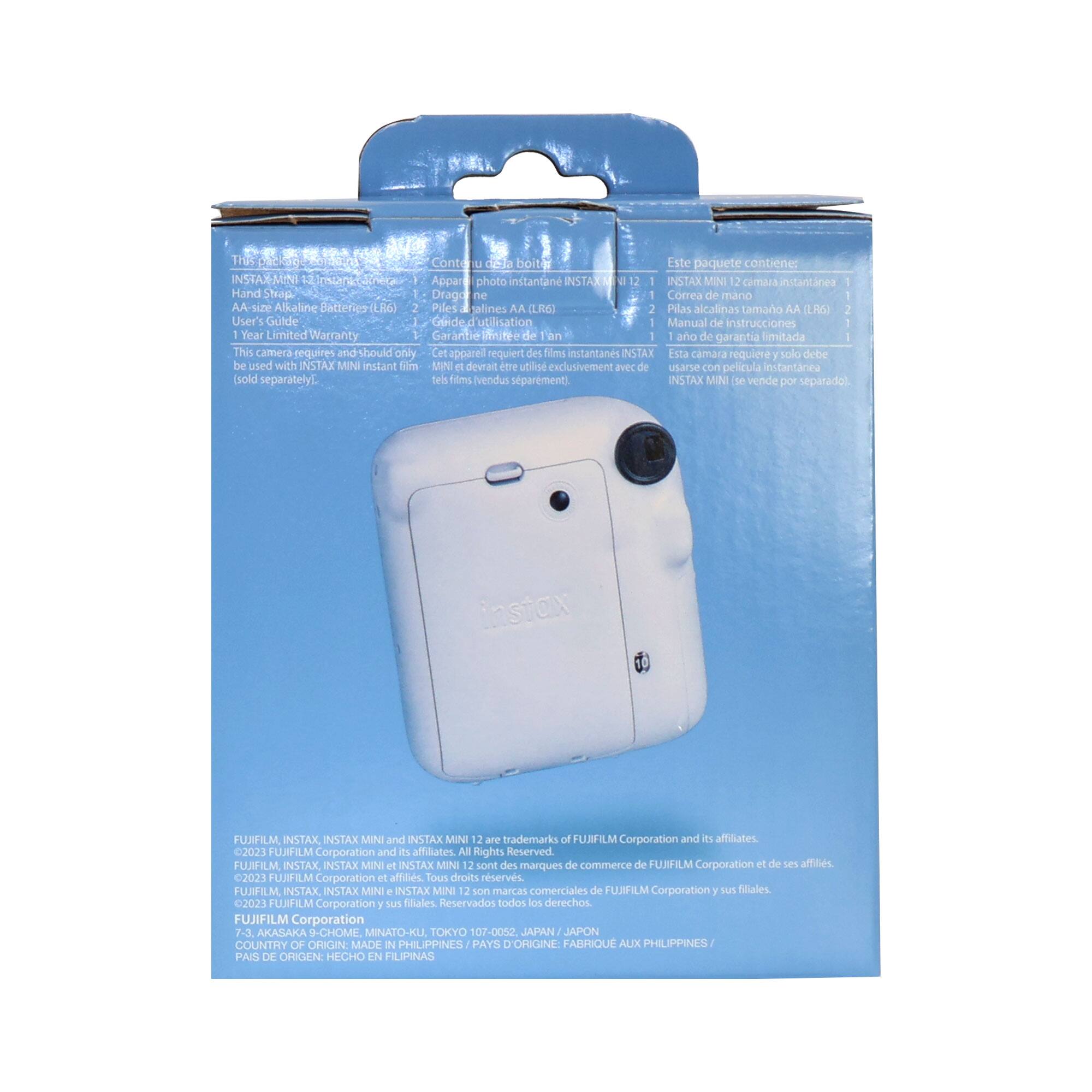 Sure, here is the corrected and grouped text from the image:

---

**This package contains:**
- INSTAX MINI 12 instant camera
- Hand Strap
- AA-size Alkaline Batteries (LR6) x 2
- User's Guide
- 1 Year Limited Warranty

**Este paquete contiene:**
- INSTAX MINI 12 cámara instantánea
- Correa de mano
- Pilas alcalinas tamaño AA (LR6) x 2
- Manual de instrucciones
- Garantía de 1 año

**This camera requires and should only be used with INSTAX MINI instant film (sold separately).**
- Esta cámara requiere y debe usarse exclusivamente con película instantánea INSTAX MINI (se vende por separado).

**FUJIFILM, INSTAX, INSTAX MINI and INSTAX MINI 12 are trademarks of FUJIFILM Corporation and its affiliates.**
- FUJIFILM, INSTAX, INSTAX MINI e INSTAX MINI 12 são marcas comerciais da FUJIFILM Corporation e de suas afiliadas.
- FUJIFILM, INSTAX