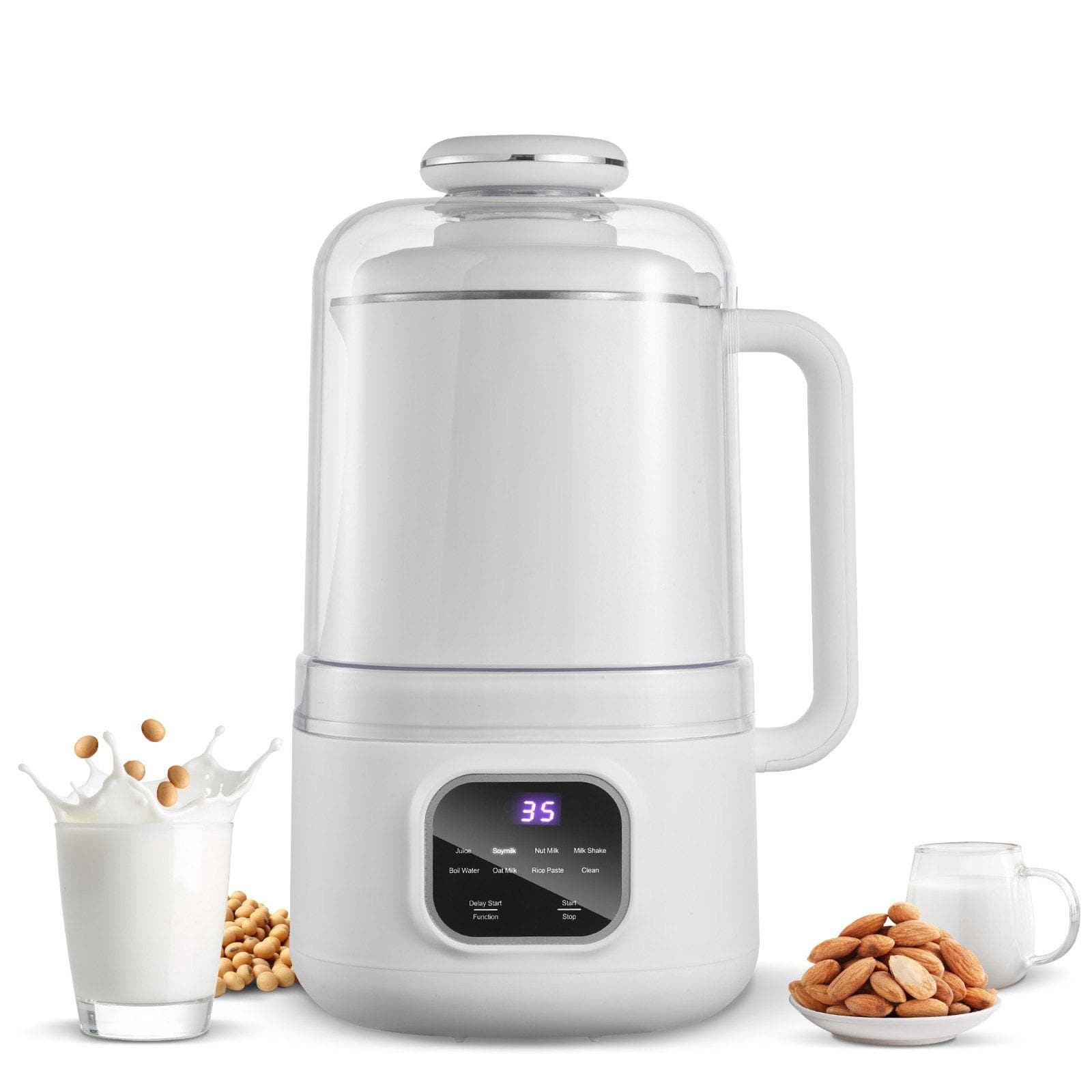 Glintex - 8-in-1 Nut Milk Maker, 34oz Soy Milk Machine 200W, Self-Cleaning, Boil Water, 12H Delay, Oat & Plant Milk Maker - White