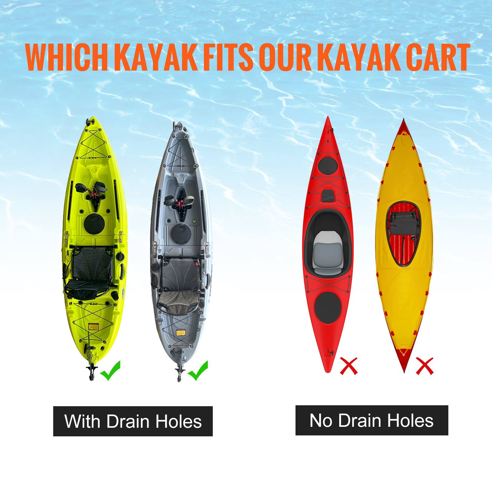 WHICH KAYAK FITS OUR KAYAK CART

With Drain Holes

No Drain Holes