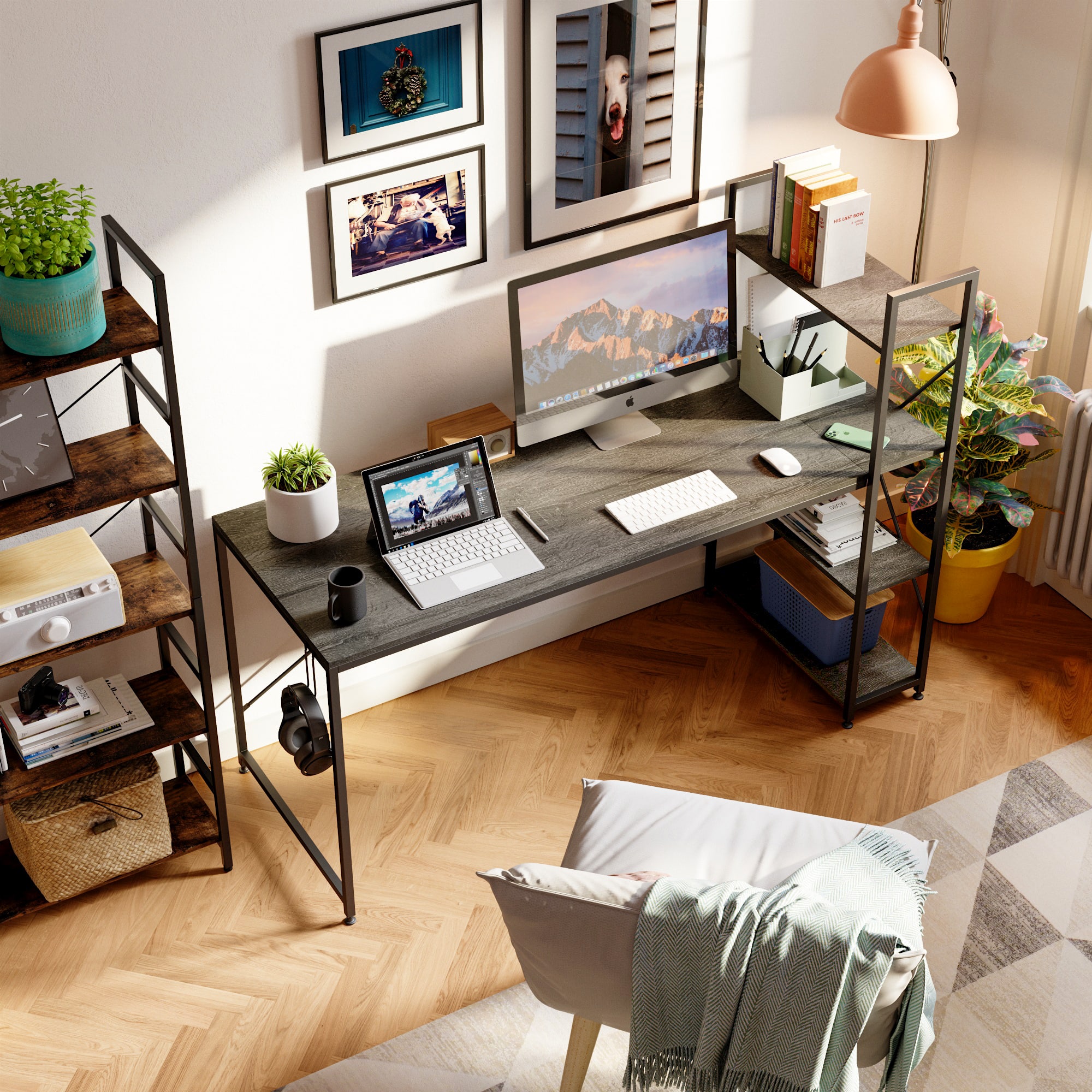 Bestier - Computer Desk with Adjustable Shelves and Reversible Bookshelf - 63" wide - Wash Gray
