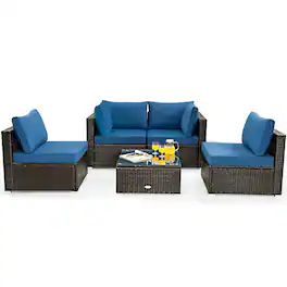 Costway - 5PCS Patio Rattan Furniture Set Cushioned Sofa Chair Coffee Table - Navy