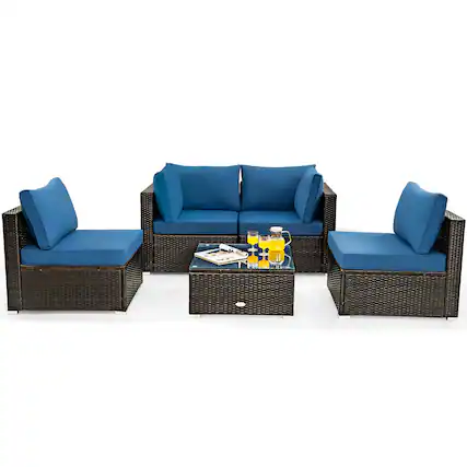 Front. Costway - 5PCS Patio Rattan Furniture Set Cushioned Sofa Chair Coffee Table - Navy.