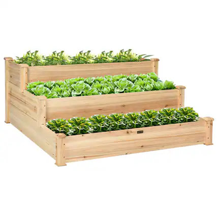 Front. Gymax - Gymax Outdoor Garden 3 Tier Wooden Elevated Raised Vegetable Planter Gardening Kit - Natural.