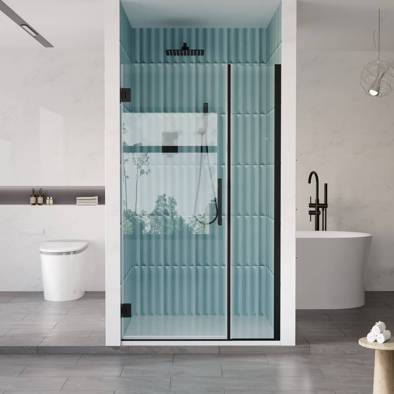 WELLFOR - 40–41 in. W x 72 in. H Frameless Hinged Shower Door with 3/8" Clear Tempered Glass, Reversible Opening - Matte Black