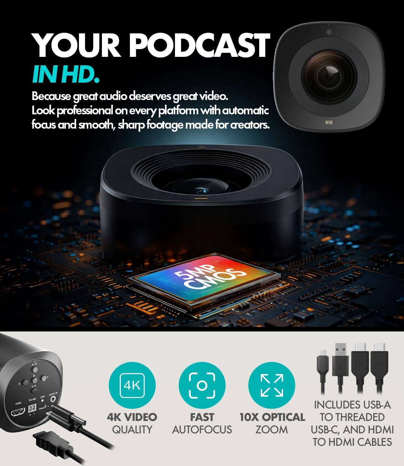 YOUR PODCAST IN HD.  
Because great audio deserves great video. Look professional on every platform with automatic focus and smooth, sharp footage made for creators.  

5MP CMOS  
4K VIDEO QUALITY  
FAST AUTOFOCUS  
10X OPTICAL ZOOM  
INCLUDES USB-A TO THREADED, USB-C, AND HDMI TO HDMI CABLES