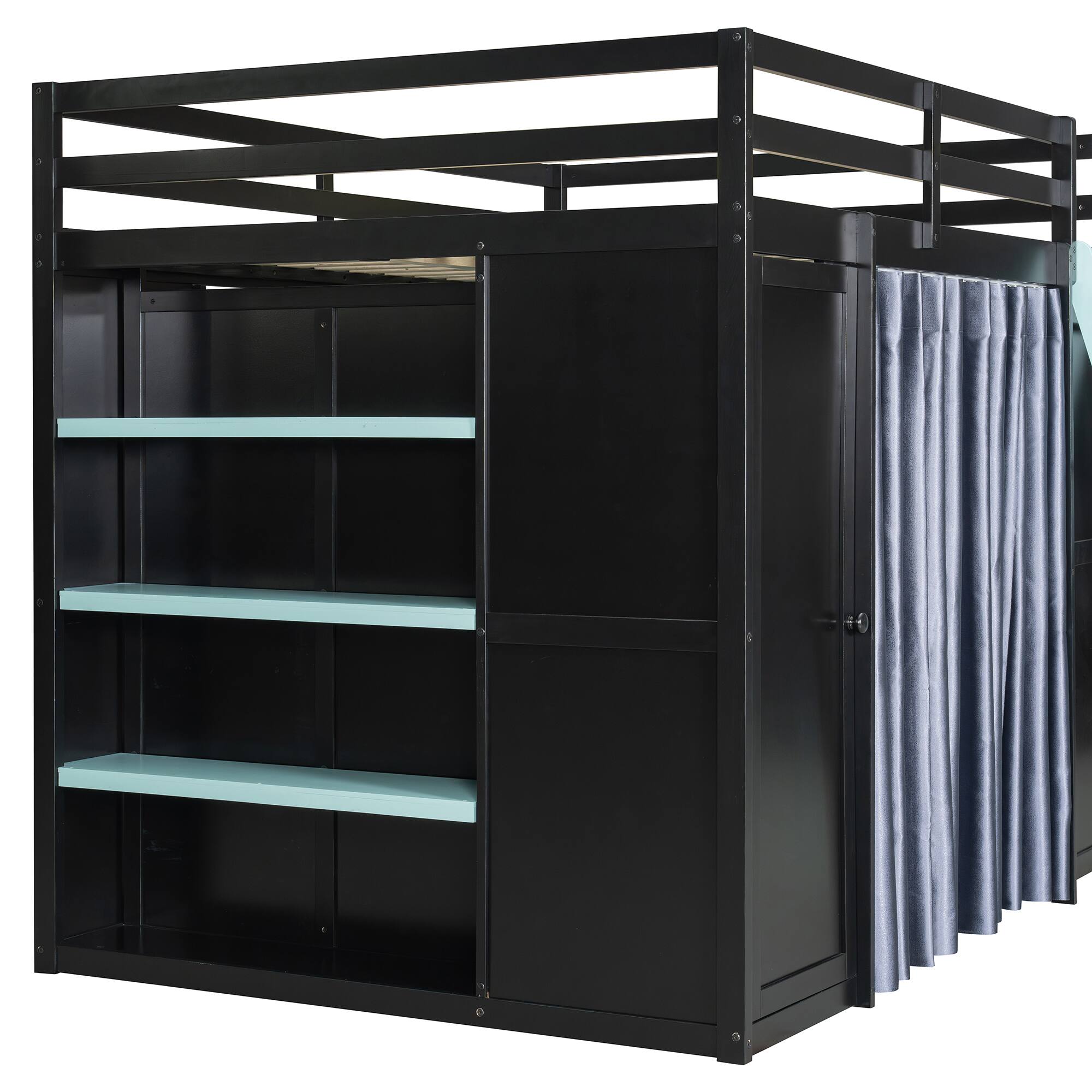 Alt View 6. Anysun - Full Size Wood Loft Bed with,Wardrobe,Shelves,Blackout Curtains,and RGB Lights - Blue.